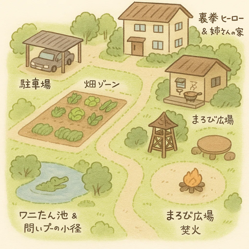 サイバーシェアハウスの鳥瞰図。敷地内にはシェアハウスだけではなく、姉さんと裏拳ヒーローの家、駐車場、畑、広場や池、フェス用の櫓がある。
