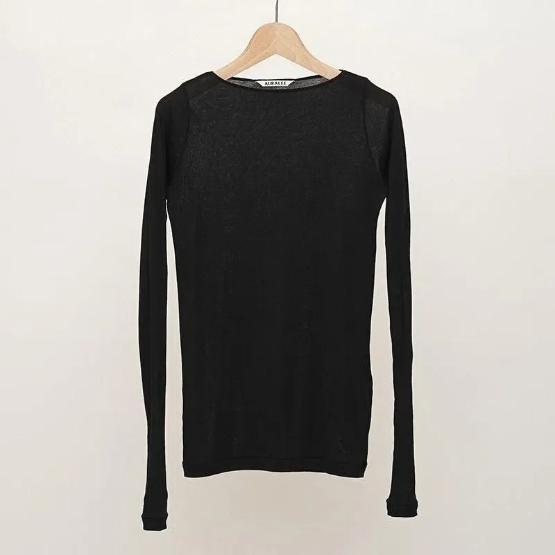 AURALEE×RonHerman/ RIB BOAT NECK L/S TEE Super High Gauge Sheer Boat Neck Tee in Red