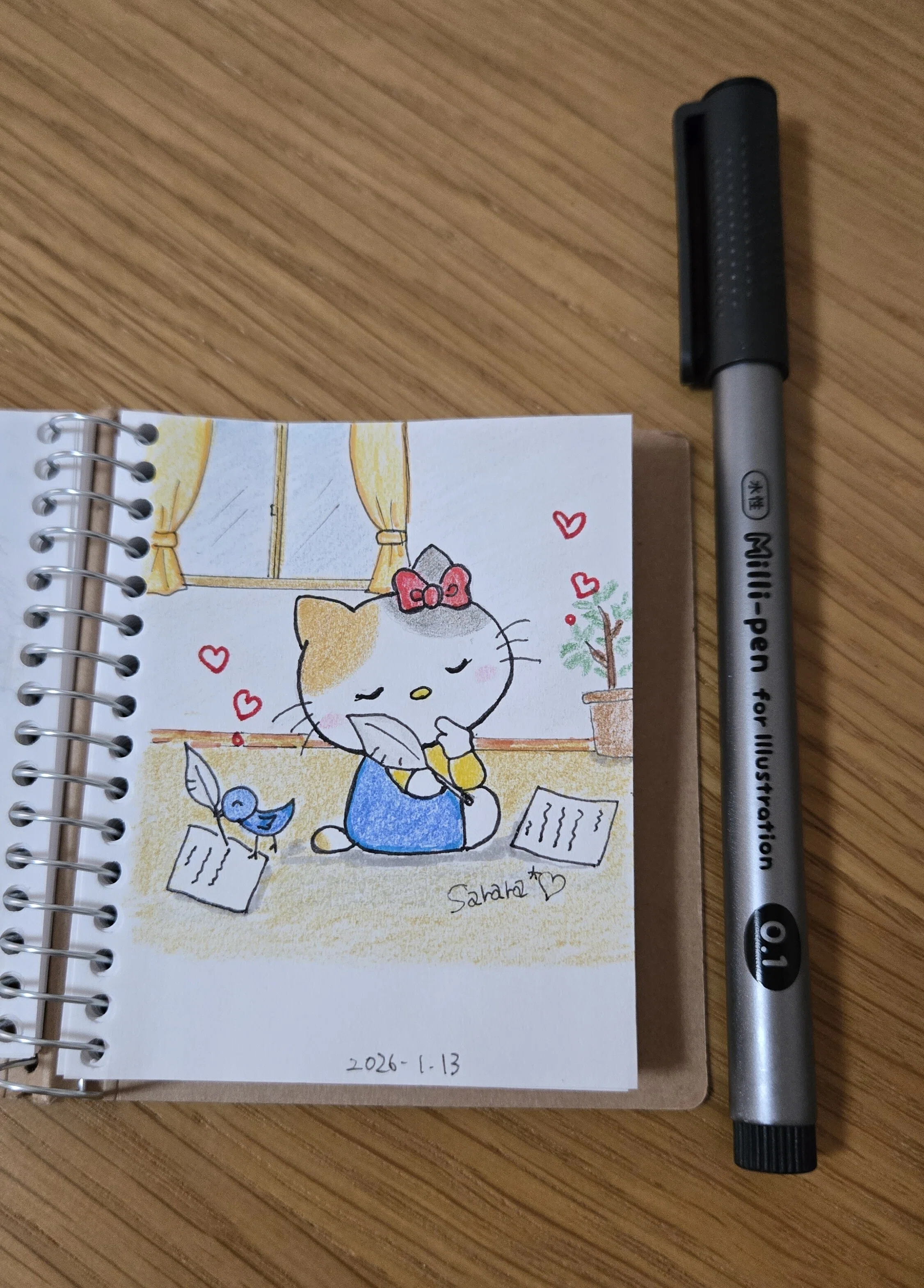 お絵描き日記】三毛猫のハチワレキティちゃんの巻き🎀 クロッキー