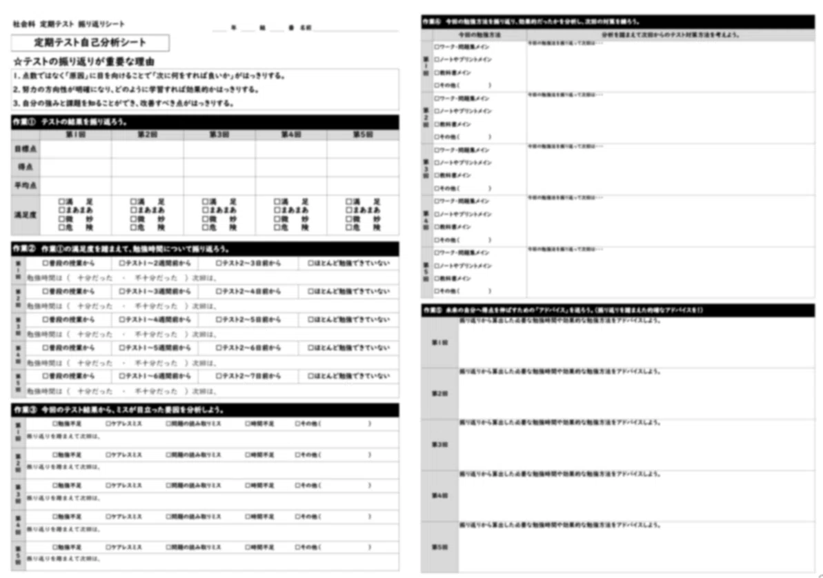 テスト返しの「すきま時間」に使える「定期テスト自己分析シート