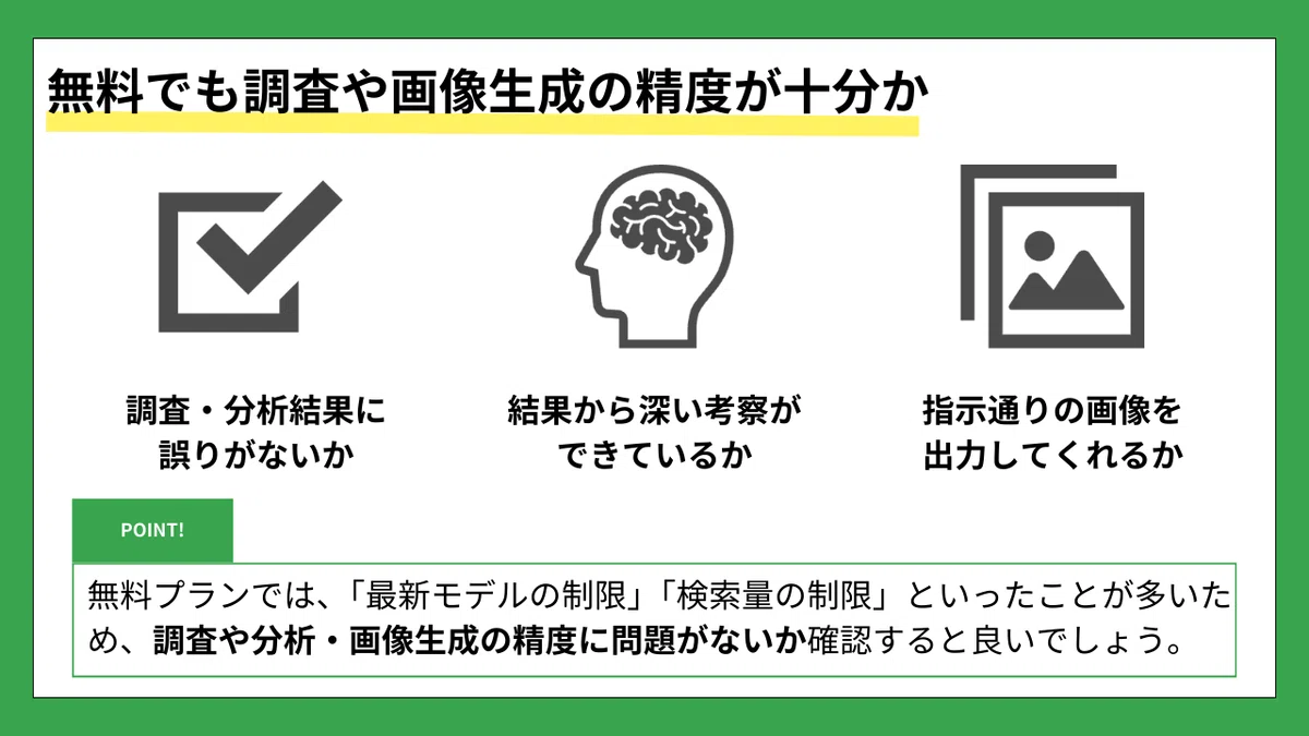 【無料でも調査や画像生成の精度が十分か】
・調査・分析結果に誤りがないか
・結果から深い考察ができているか
・指示通りの画像を出力してくれるか
POINT
無料プランでは、「最新モデルの制限」や「検索量の制限」といった制約があるケースが多く見られます。
そのため、調査・分析・画像生成の精度に問題がないかを事前に確認することが重要です。