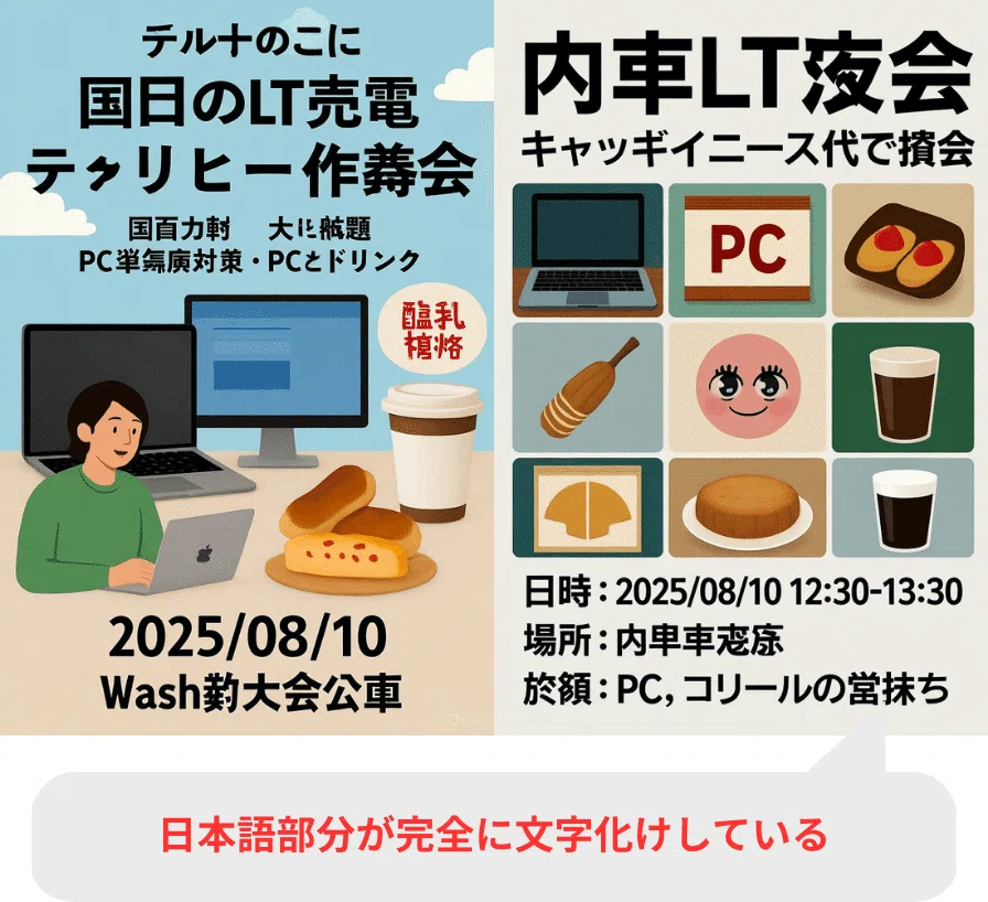 Grokの画像生成では、日本語が完全に文字化けしてしまう