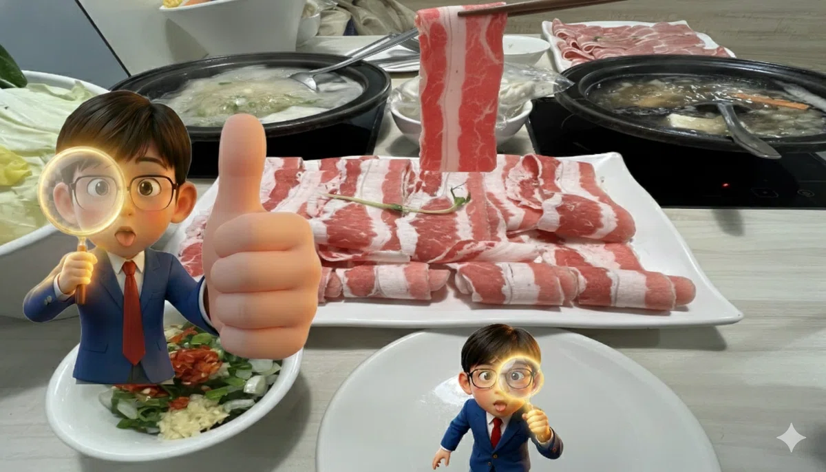 Precision CHEWING Action! 「薬屋のひとりごと」の猫猫（マオマオ）のように鋭い視点で肉質を検査。石二鍋の新鮮な牛肉を確認中。