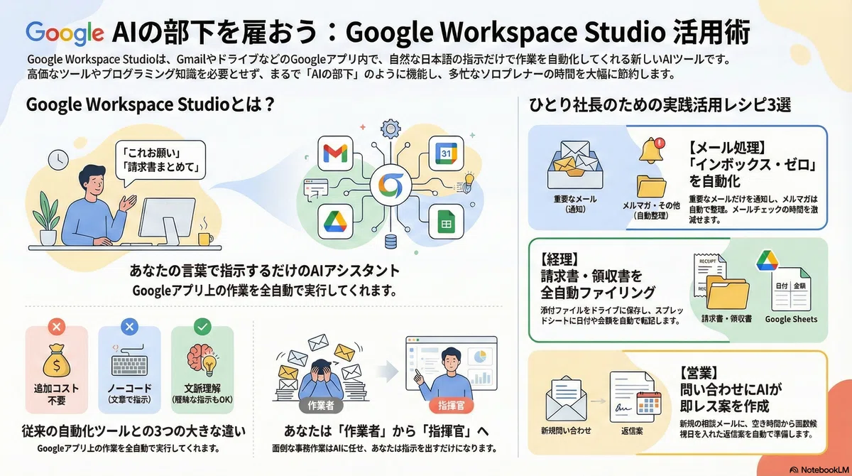 【2026年最新】Google Workspace Studio 完全攻略ガイド:ひとり社長が「AIの部下」を持って時間を3倍に増やす方法 ...