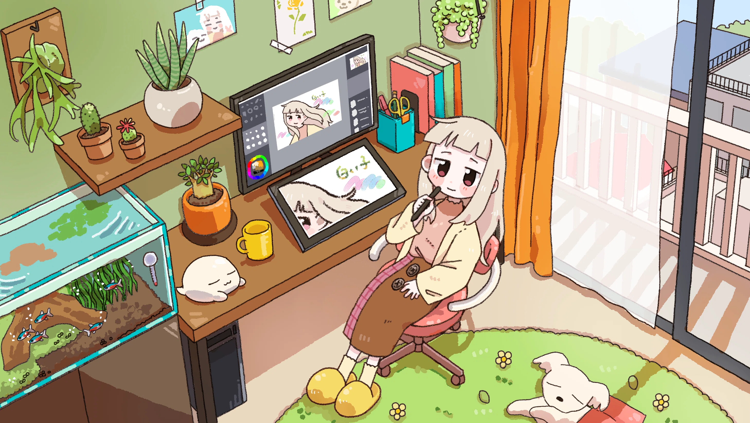 イラスト解説｜白い子ちゃんお絵描き中｜aomi.
