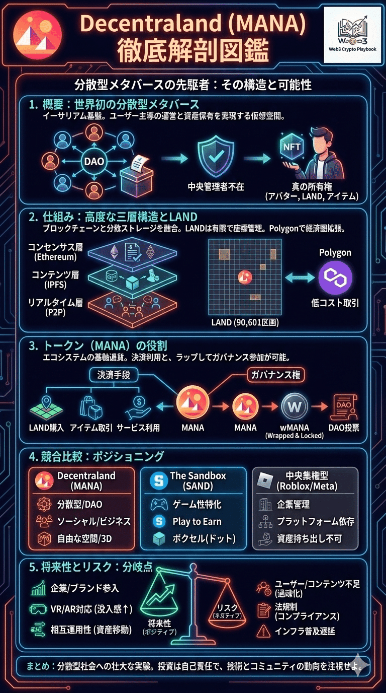 暗号資産ディセントラランド(MANA)とは？将来性は？非中央集権の理想と「誰もいない空間」という冷徹なリスク｜Web3 Crypto Playbook