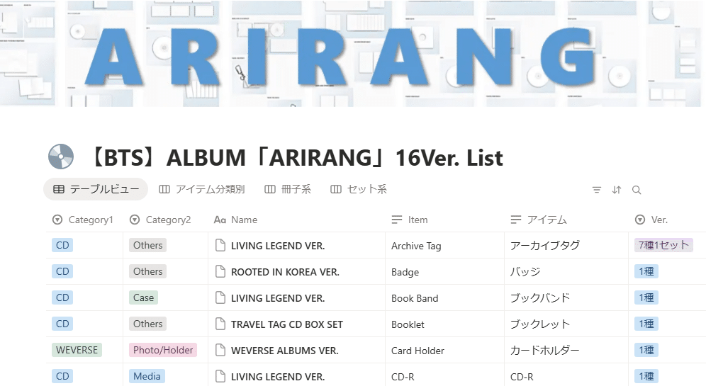 一覧表】「ARIRANG」16形態の内容リスト【Notion】｜音色