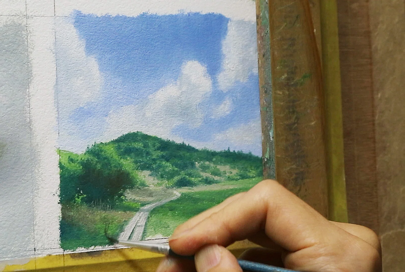 風景 水彩画 緑と青のトーン 中央に光を集めて、 左右は少しずつトーンを落とす。 “どこを見て