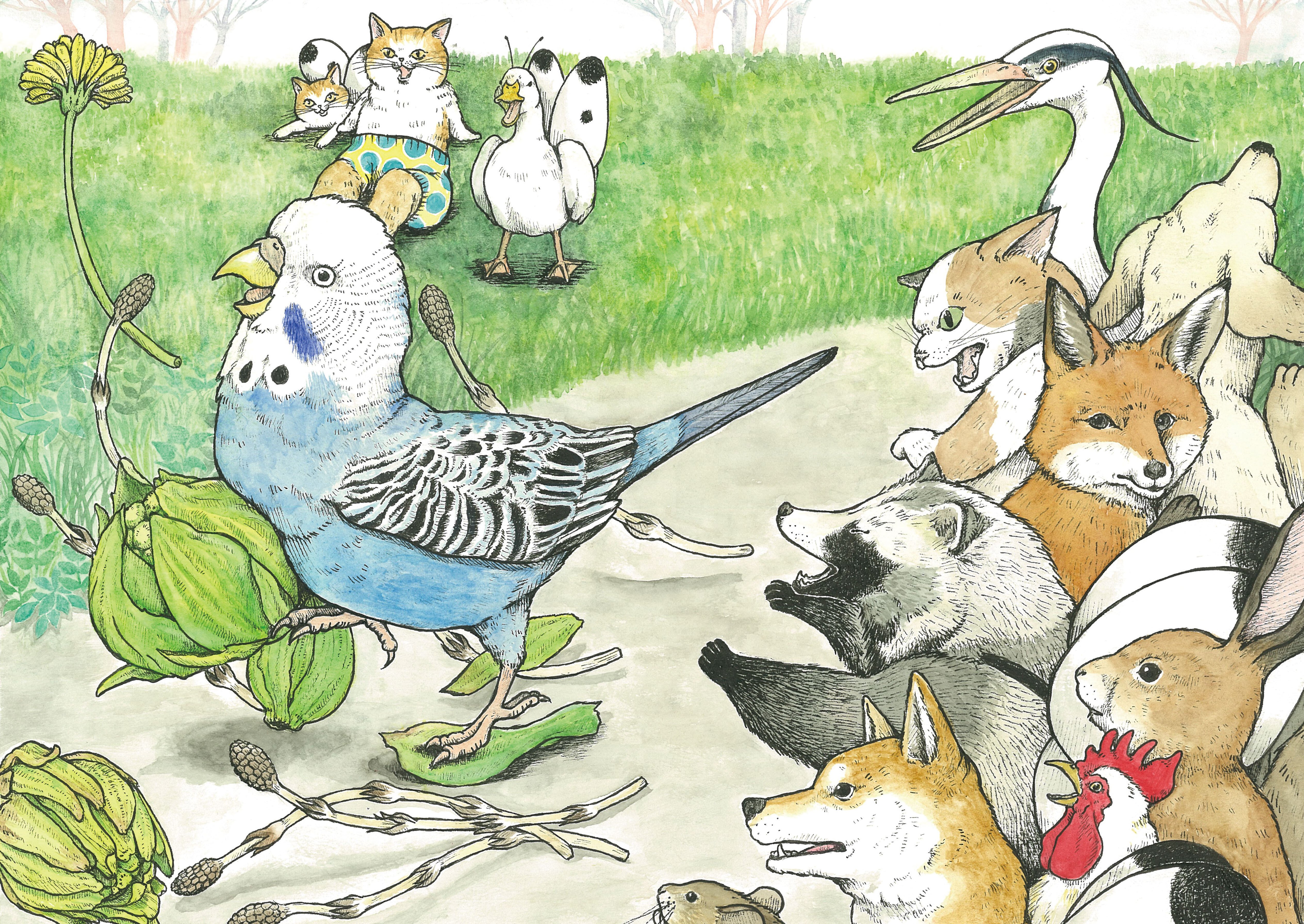 油絵 はち 小鳥さんのかくれんぼ その1 かくれる鳥 油絵 はち 小鳥