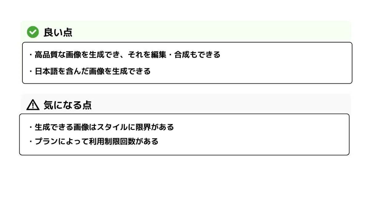 良い点
・高品質な画像を生成でき、それを編集・合成もできる
・日本語を含んだ画像を生成できる
気になる点
・生成できる画像はスタイルに限界がある
・プランによって利用制限回数がある