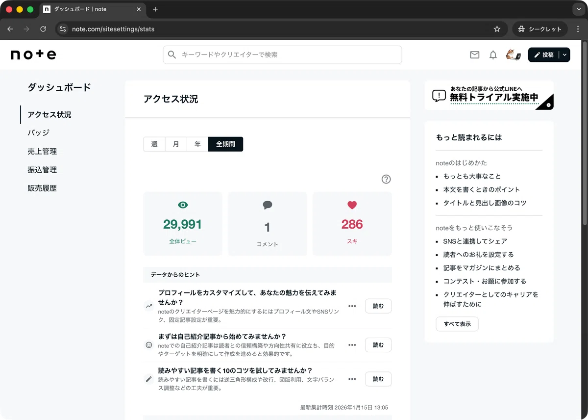 【misc】noteのダッシュボードの[アクセス状況]に現れた[データからのヒント]が邪魔（追記あり）｜明多坂 優