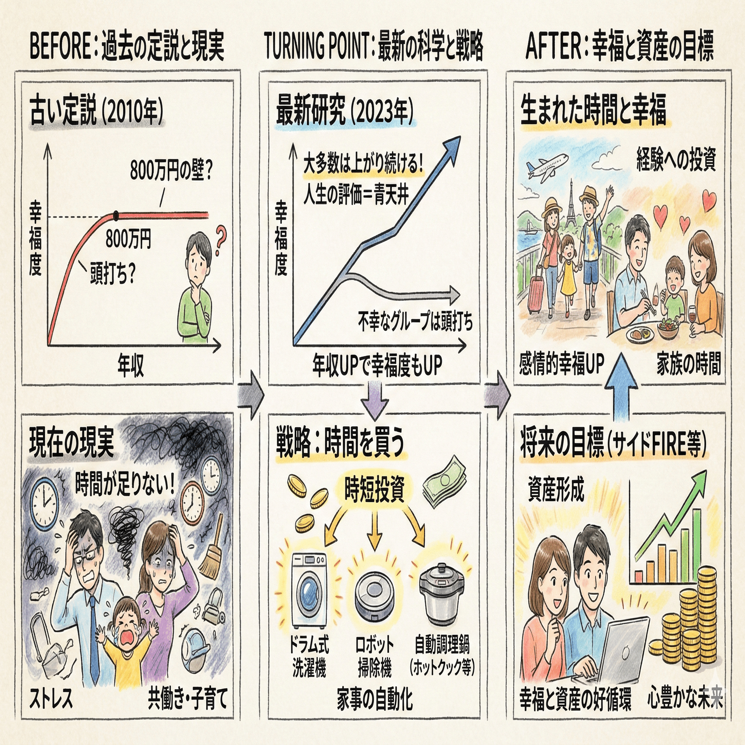 幸福の経済】幸福度と年収の関係：”幸福度がピークとなる年収800万円で頭打ち説は覆された！？”｜【共働き子育てパパ奮闘＆節約日記】