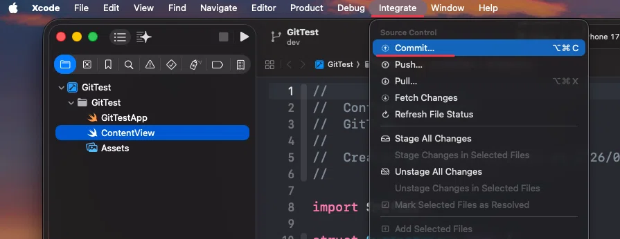 【Xcode&Git】Xcodeのローカルのdevブランチからcommit→push｜manu