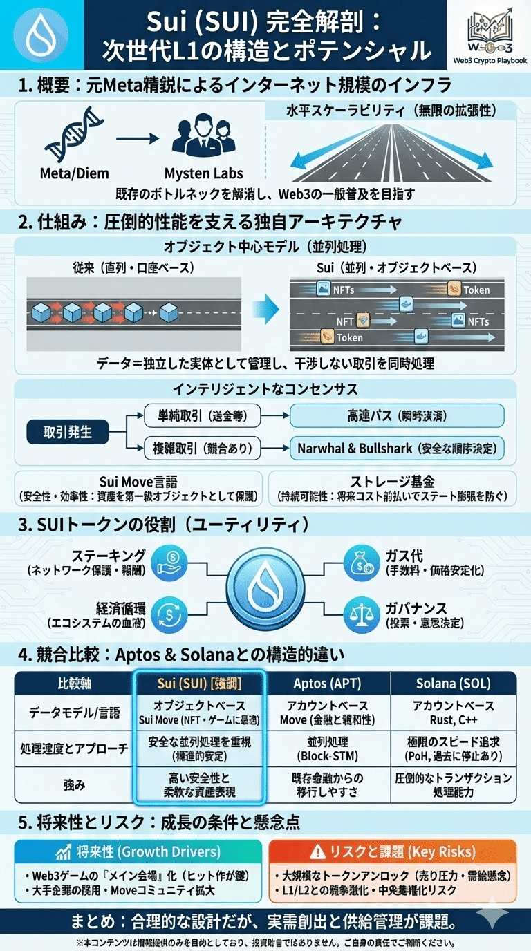 暗号資産Sui(SUI)とは？将来性は？元Meta開発陣が仕掛ける「並列処理」の革命と、Solana・Aptosとの決定的な構造差｜Web3  Crypto Playbook