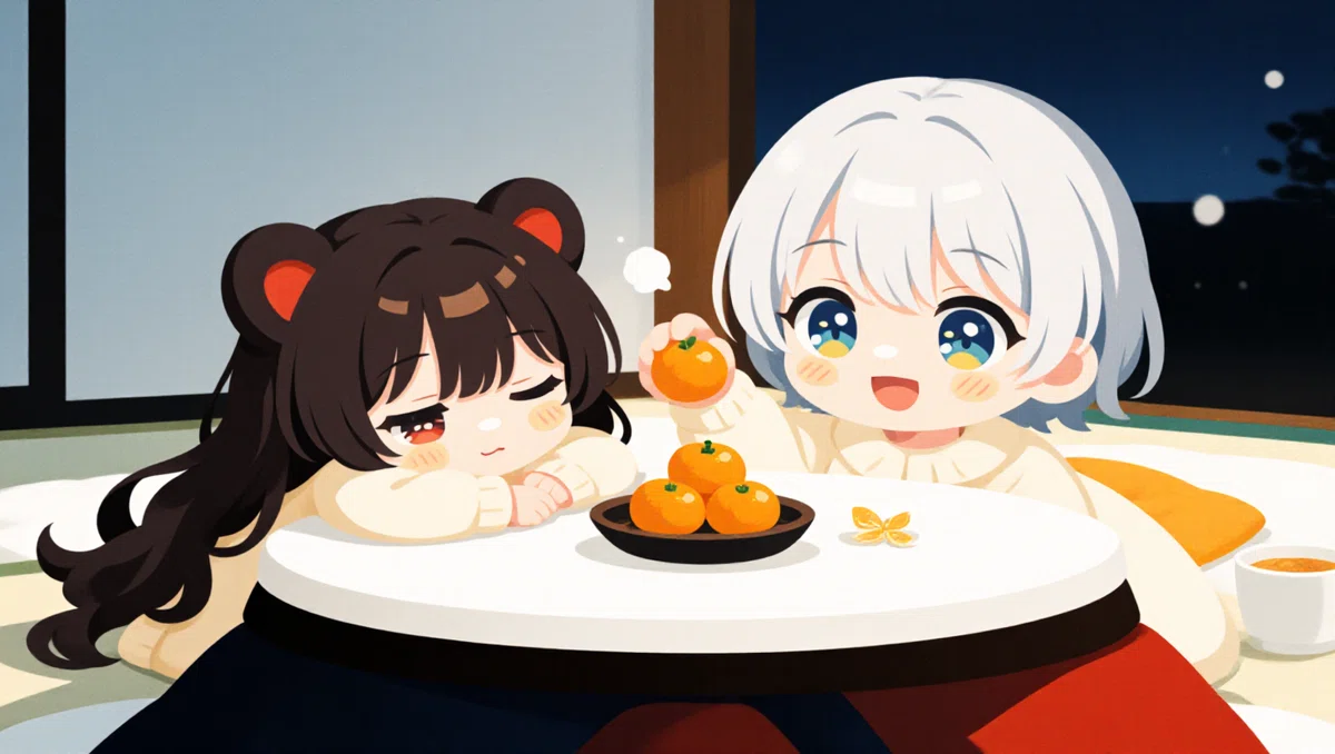 二人の女の子がこたつに入ってみかんを食べている画像