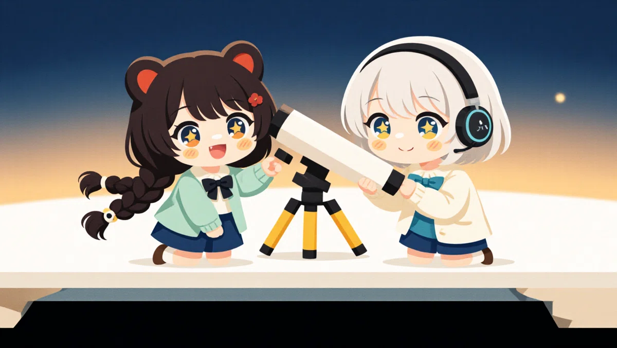 望遠鏡をのぞこうとしている二人の女の子