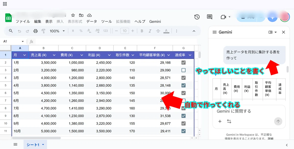 グーグルスプレッドシートでAIに自動でデータ整理してもらっている様子
