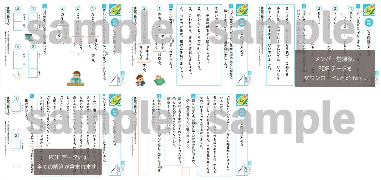 プリント＆答え「小2・国語｜総復習まとめテスト」(全14枚)｜まめつぶ