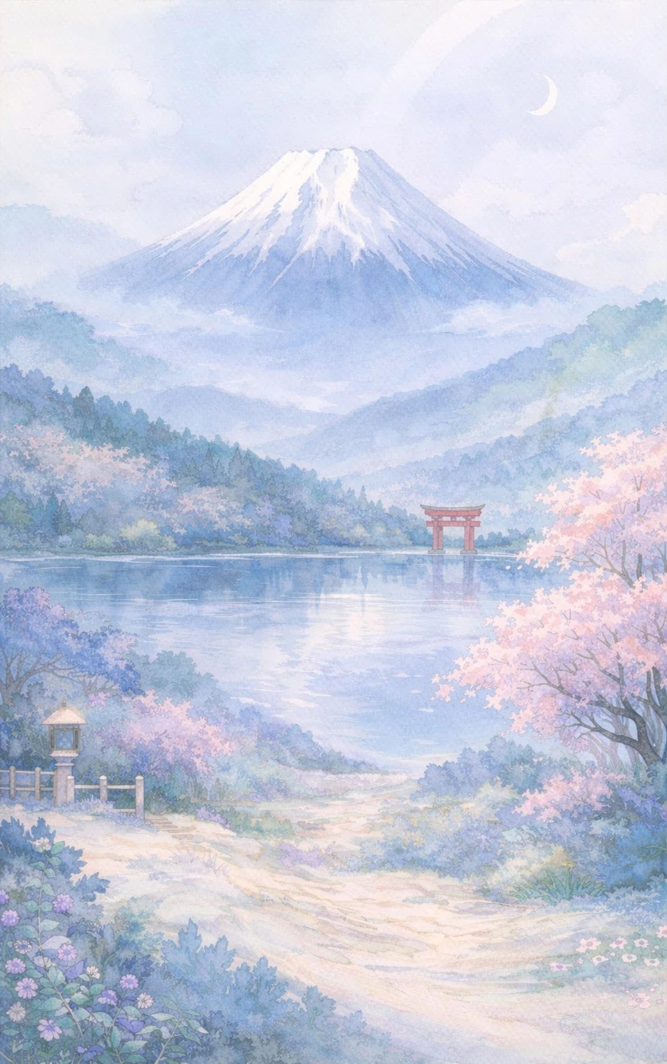 AIアート「春の祈り」Spring Prayer 富士山桜デジタル絵画水彩風