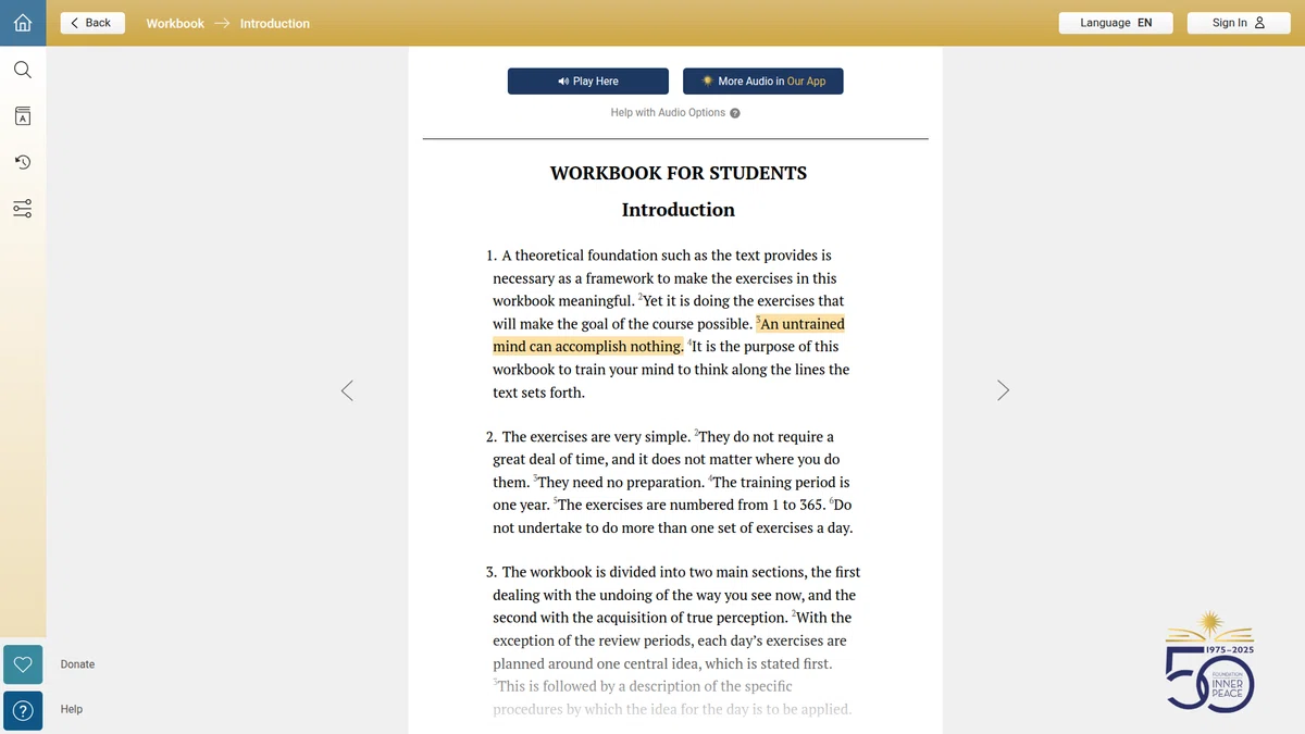 "An untrained mind can accomplish nothing." (ACIM W-in.1:3) - Foundation for inner Peace | Screenshot