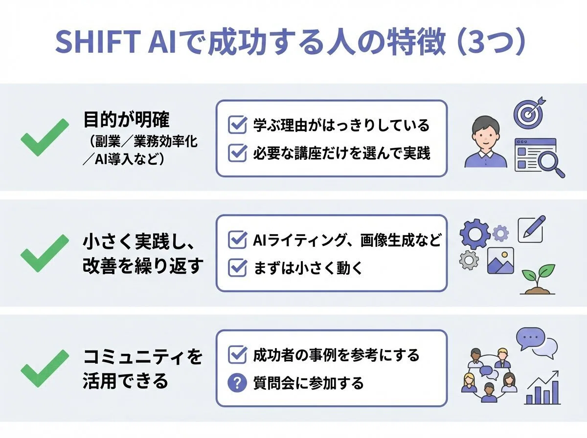 SHIFT AIで成功する人の特徴3つ:目的が明確、小さく実践し改善を繰り返す、コミュニティを活用できる