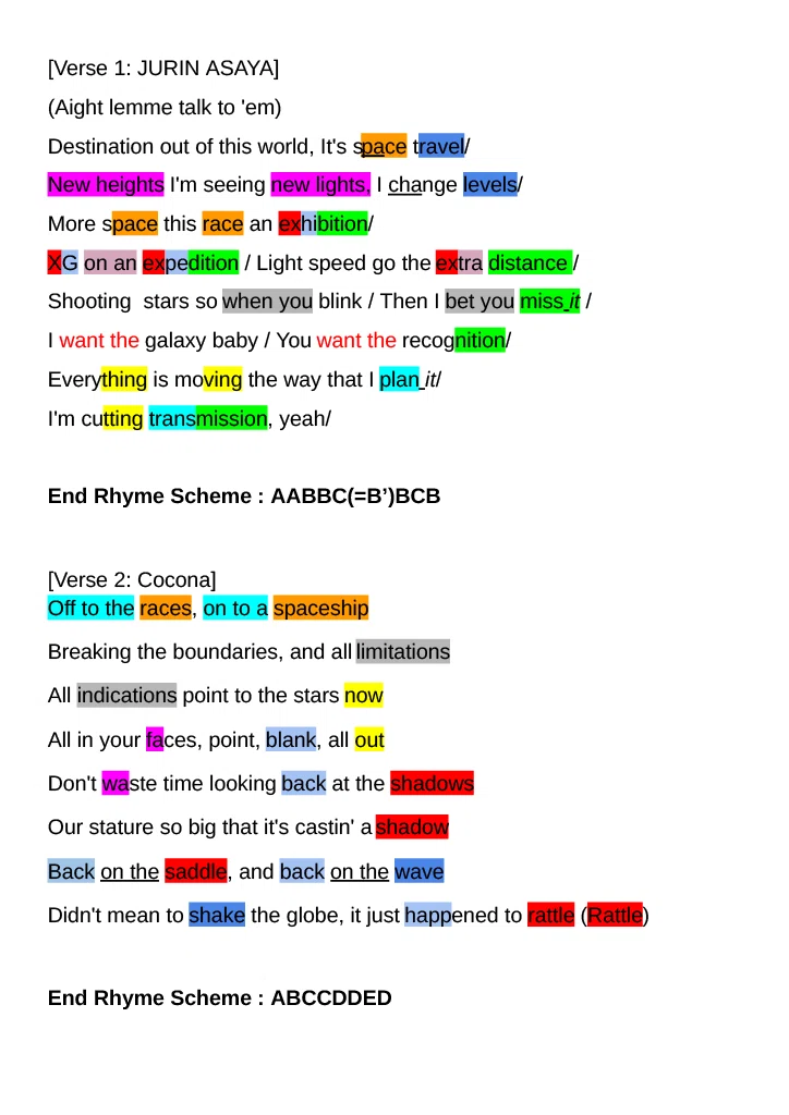 PS118 by XG - Rhyme Scheme & Rhymes Highlighted ｜a9r