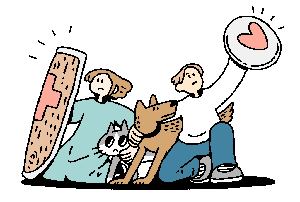 ペットと防災。犬と猫を守る男性と女性
