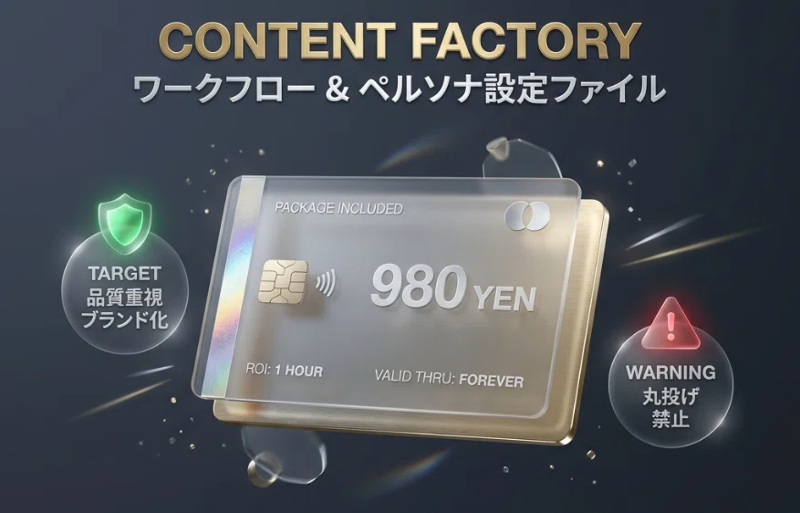 この記事で提供するものはコンテンツ工場ワークフロー&ペルソナ設定ファイルで980円