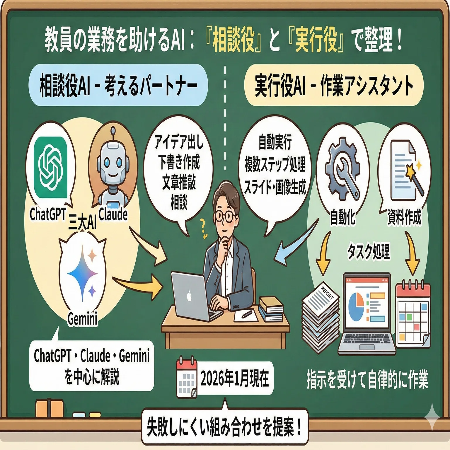 教員のAIツール選び方完全ガイド──ChatGPT・Claude・Gemini、どれを