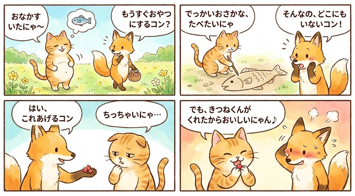 【4コマ漫画】ねこときつね1|倉間平治