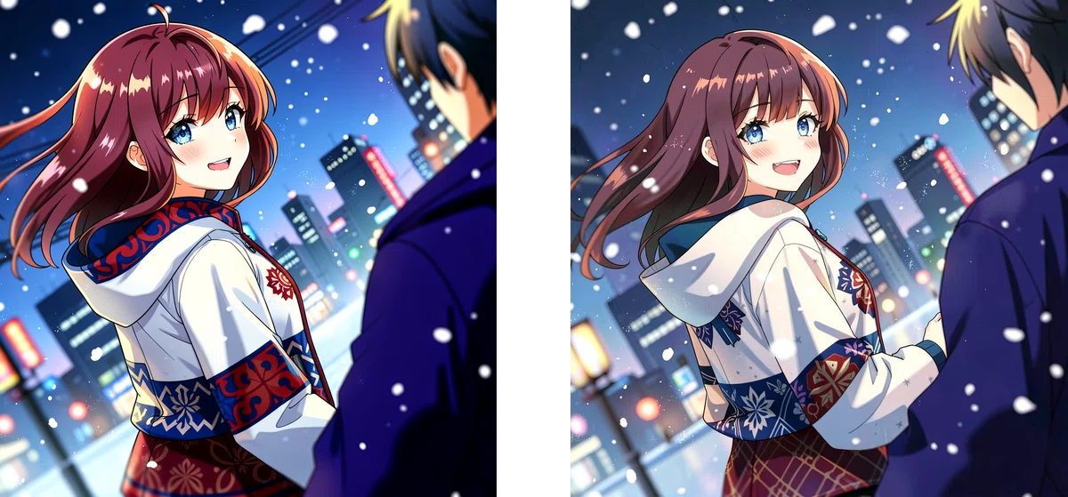イラスト比較「夜の散歩」。左側のflux-2-klein-4b_clearは右側のオリジナルより色が鮮やかでノイズが少ない