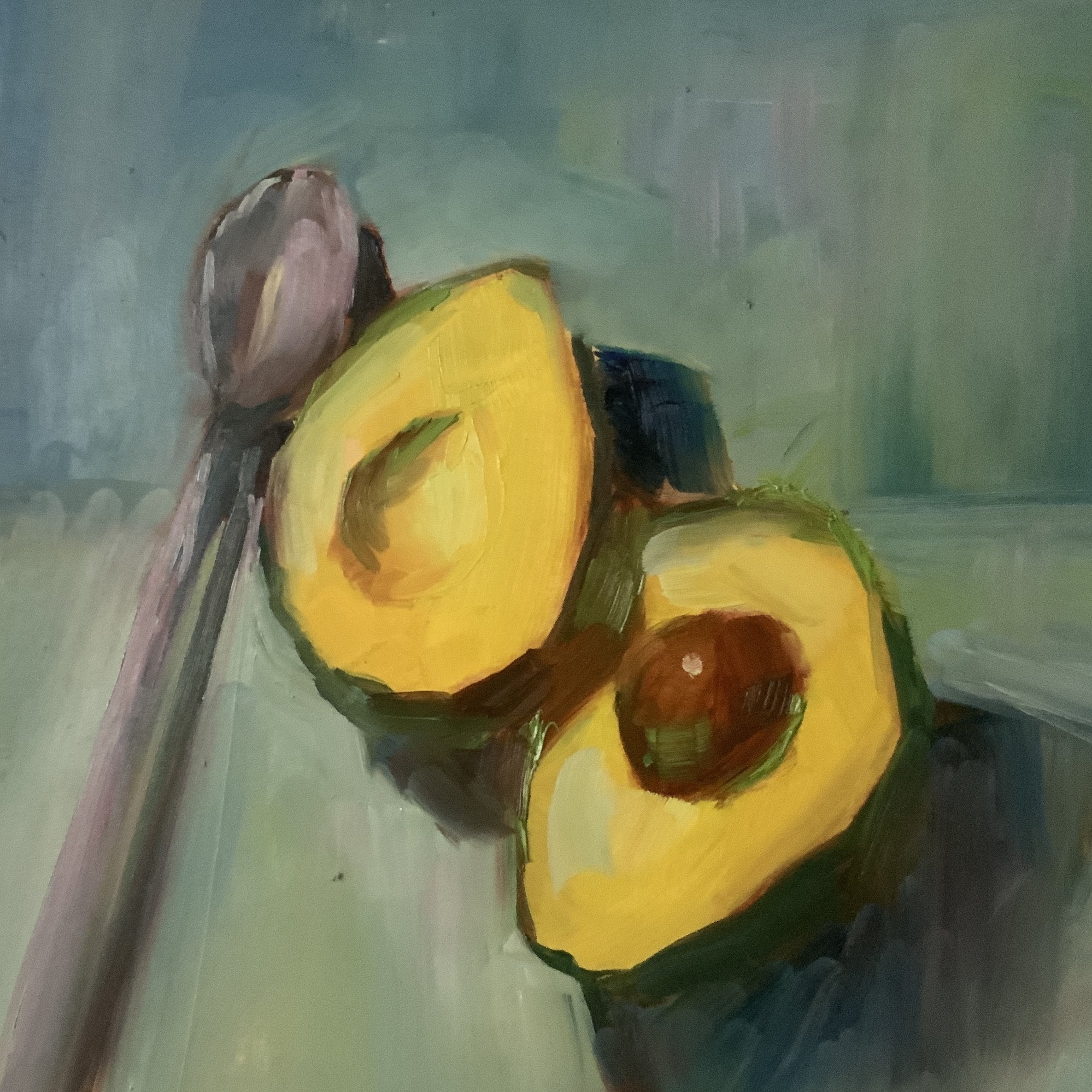 油絵 no.45 3色で描くアボカドとスプーン｜なお