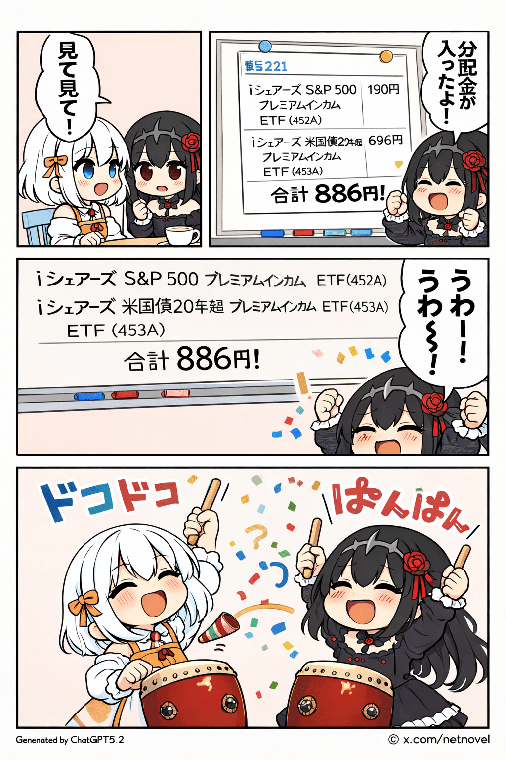 今日のAIマンガ】ｉシェアーズ 米国債２０年超 プレミアムインカム ＥＴＦ(453A)配当金が入った喜びでドンドコするマンガ 【画像生成AI /  AI4コマ漫画 / ChatGPT】｜うえうえ