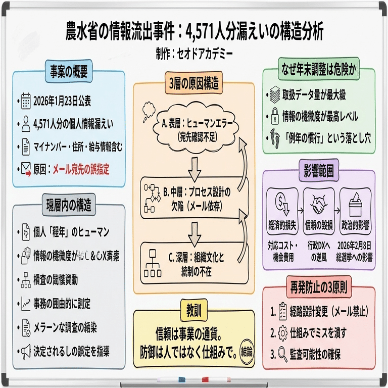 農水省4,571人分のマイナンバー流出が映す、日本のデジタル統治の脆さ。2026年総選挙前夜の情報ガバナンス危機：「メール誤送信」では済まない。農水省 マイナンバー漏えいが示す、行政DXの根本的な設計ミス｜セオドア アカデミー