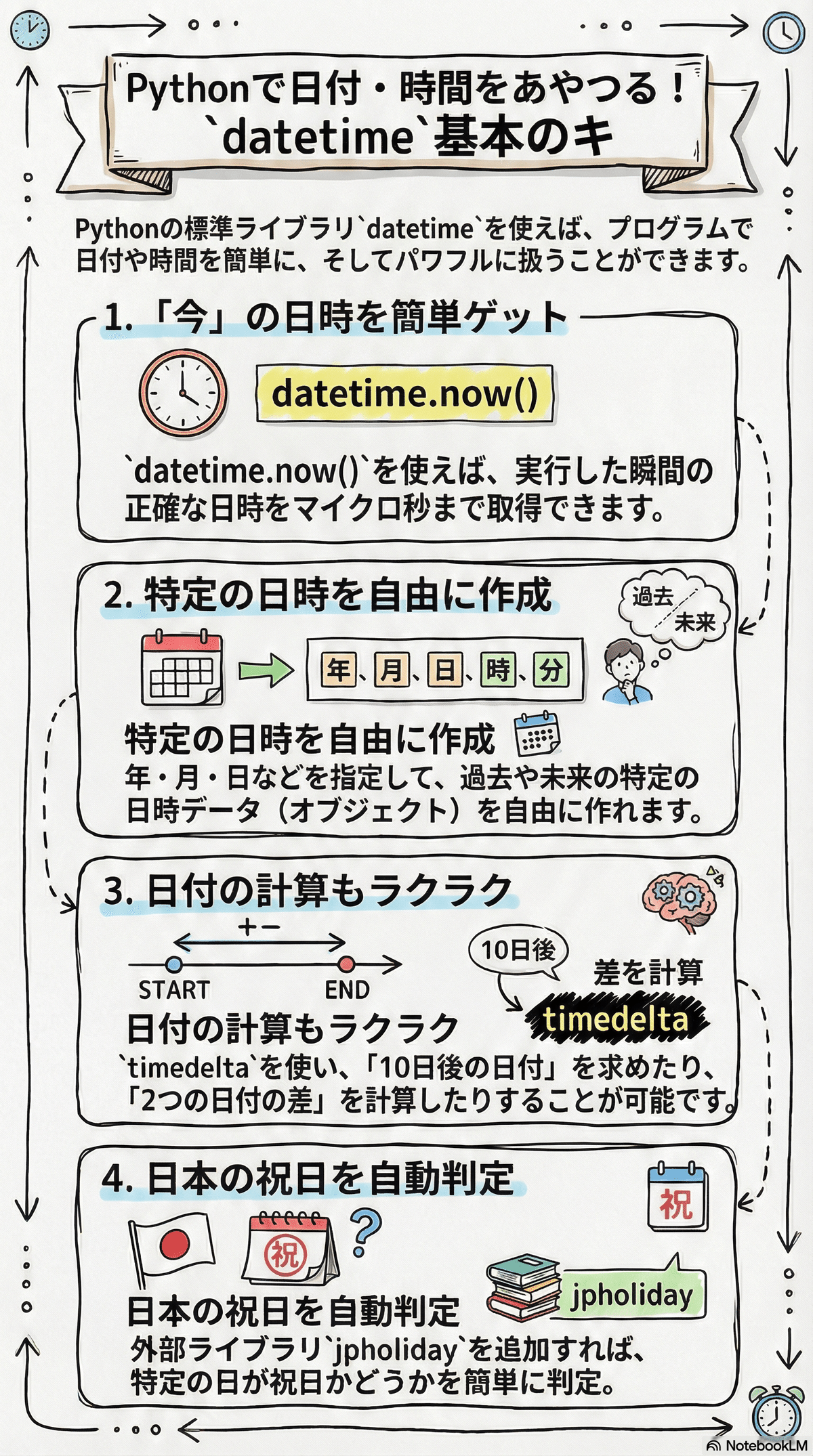 Pythonサイト要約_サプーYT_Pythonの日付操作はこんなに簡単！知っておきたいdatetimeの便利な4つ機能｜Zunda Lab.