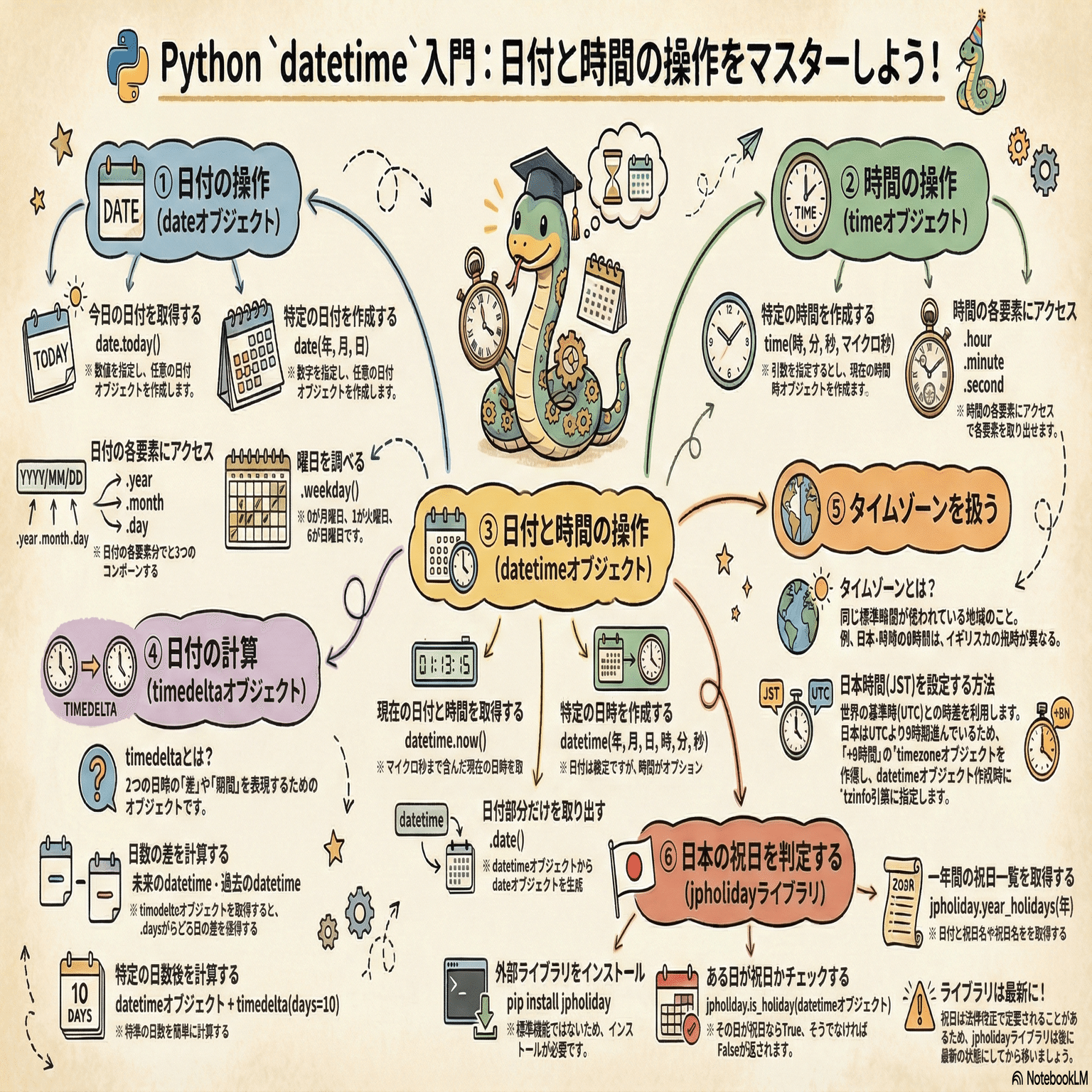 Pythonサイト要約_サプーYT_Pythonの日付操作はこんなに簡単！知っておきたいdatetimeの便利な4つ機能｜Zunda Lab.