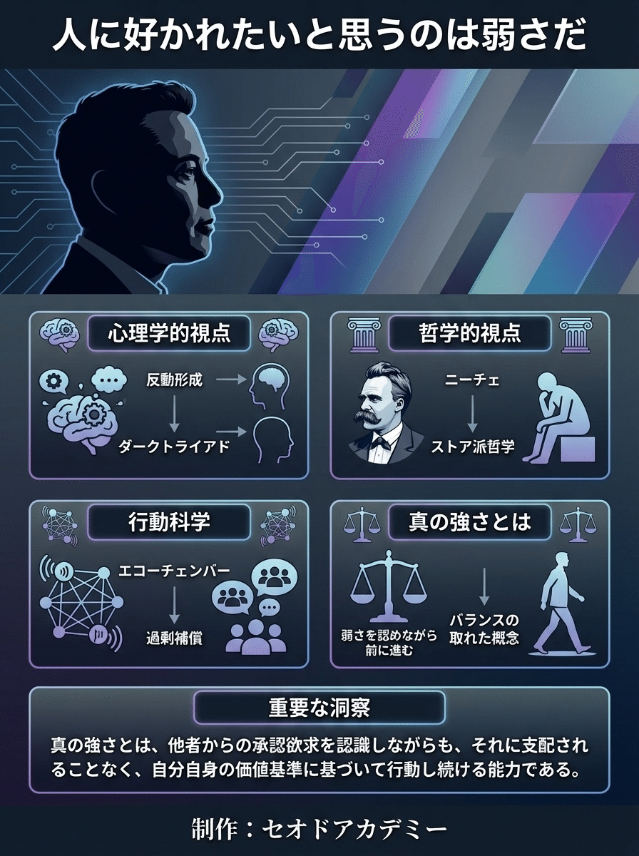 イーロン・マスク「人に好かれたいと思うのは、本当の弱さだ。致命的な弱点と言ってもいい。私にそんなものはない」好かれたい欲求は弱さ！」発言が暴く、承認欲求と防衛心理の深層構造｜セオドア  アカデミー