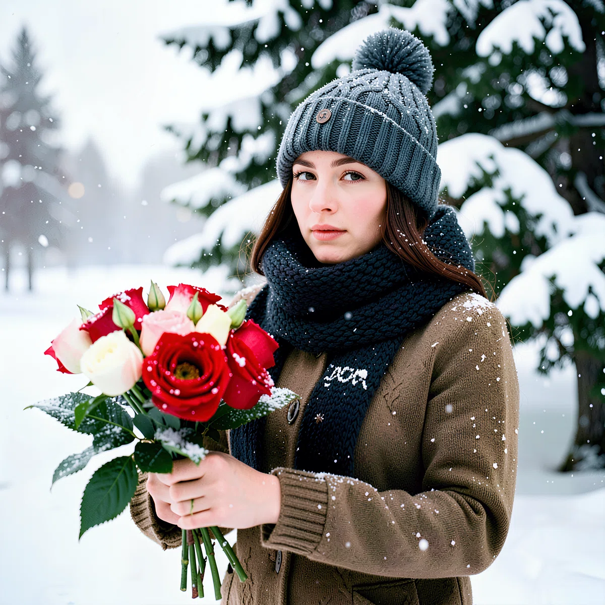 雪の屋外で鮮やかな色の花束を持った女性のリアルフォトイラスト