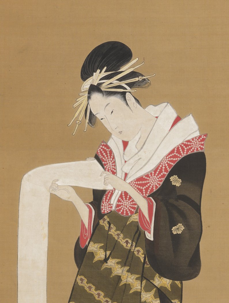 熟覧！ 喜多川歌麿「美人読玉章図」作品と表装｜太田記念美術館