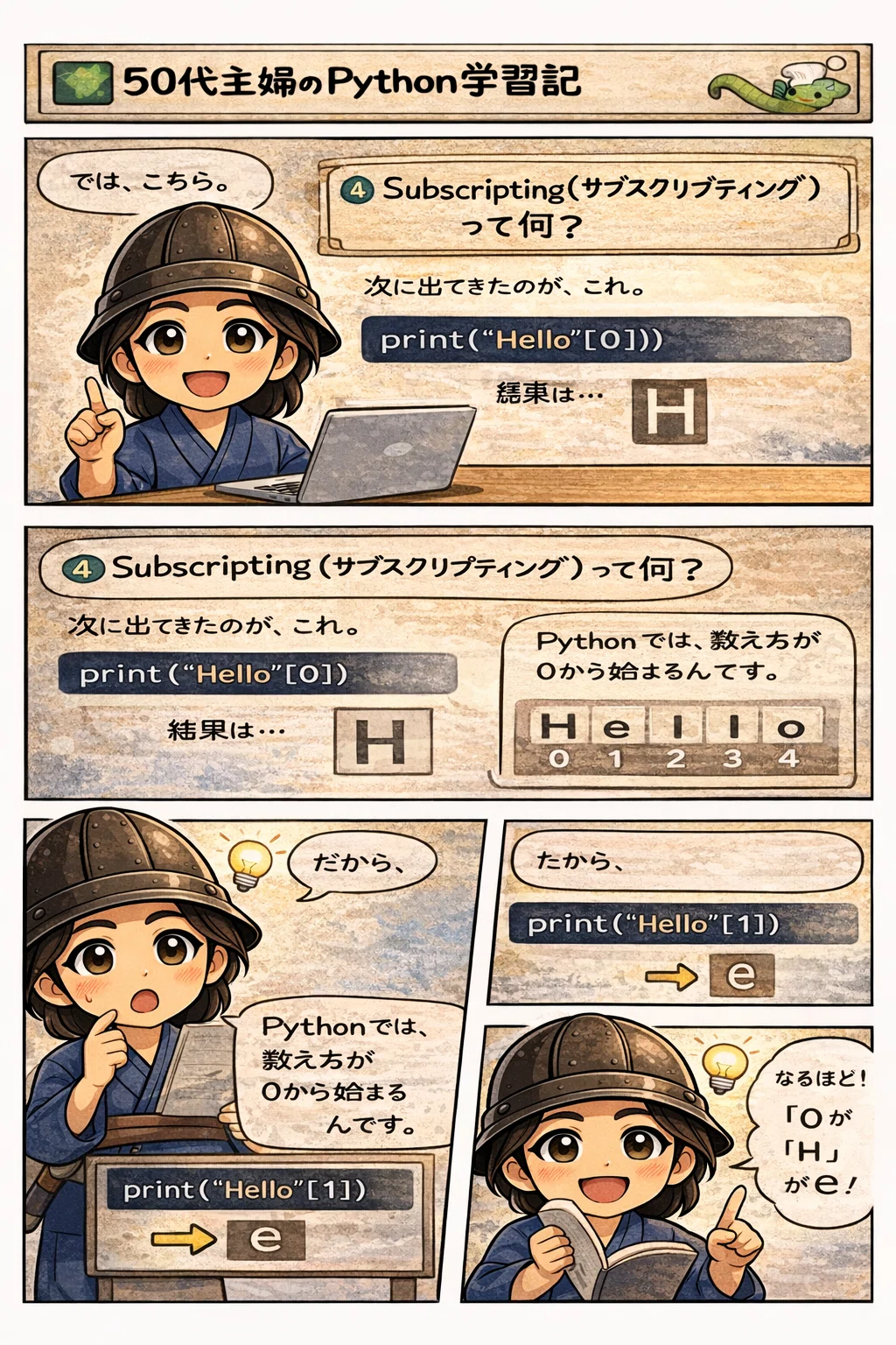 「できない」と思ってた私へ。50代主婦のPython7日目レポ ＃7｜データ型とSubscripting編｜ママの助