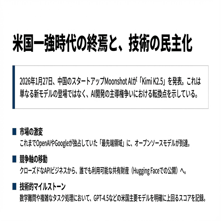 中国Moonshot AIの「Kimi K2.5」が示す、オープンソースAIの新時代｜生成AIキュレーター