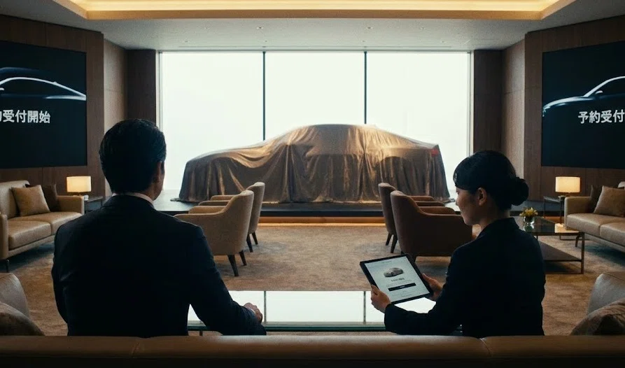 高級ショールームのラウンジで、ベールに包まれた新型車を前に商談する顧客とコンシェルジュのイメージ