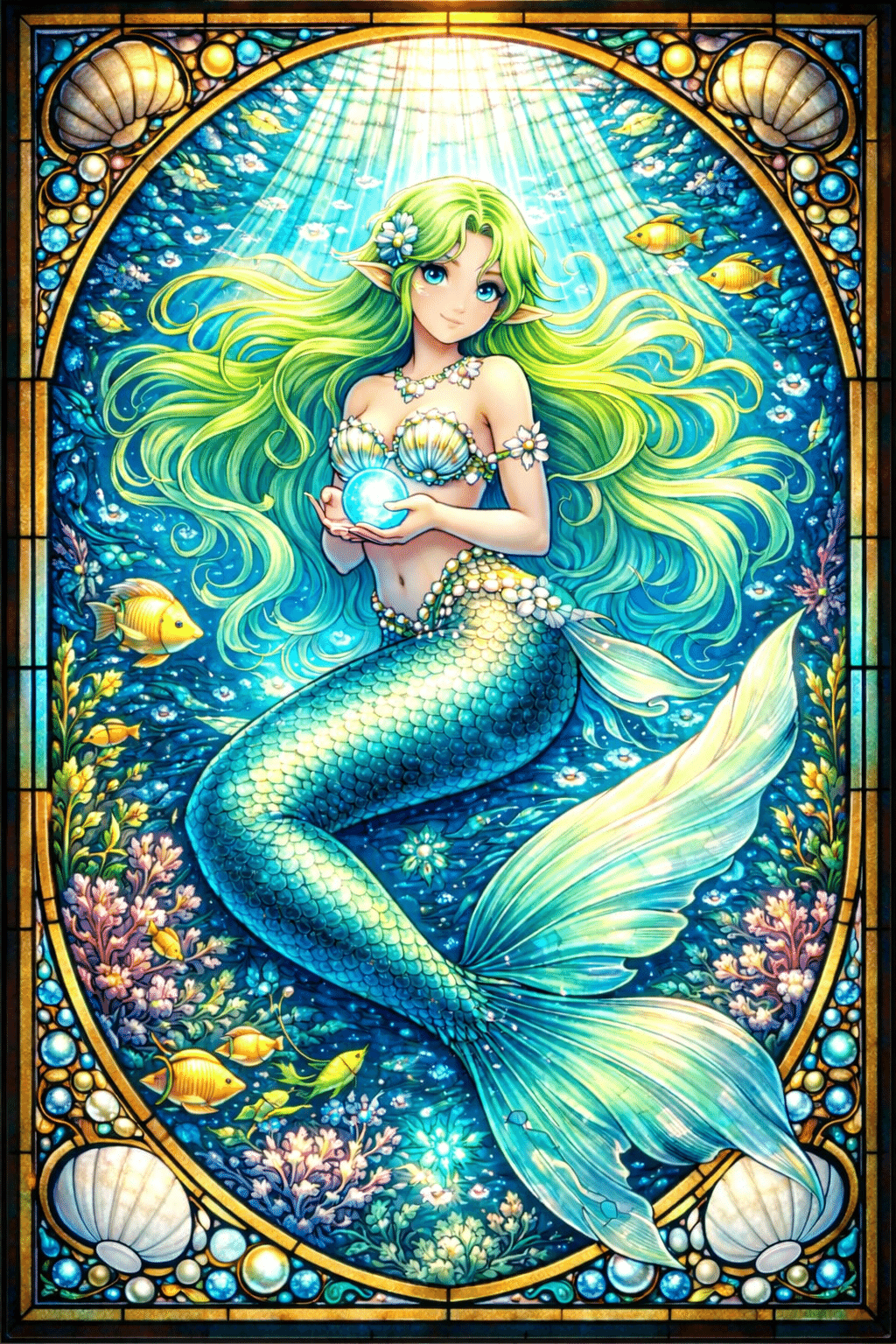 癒やし｜ステンドグラス風｜カード｜人魚｜美少女イラスト｜AIイラスト