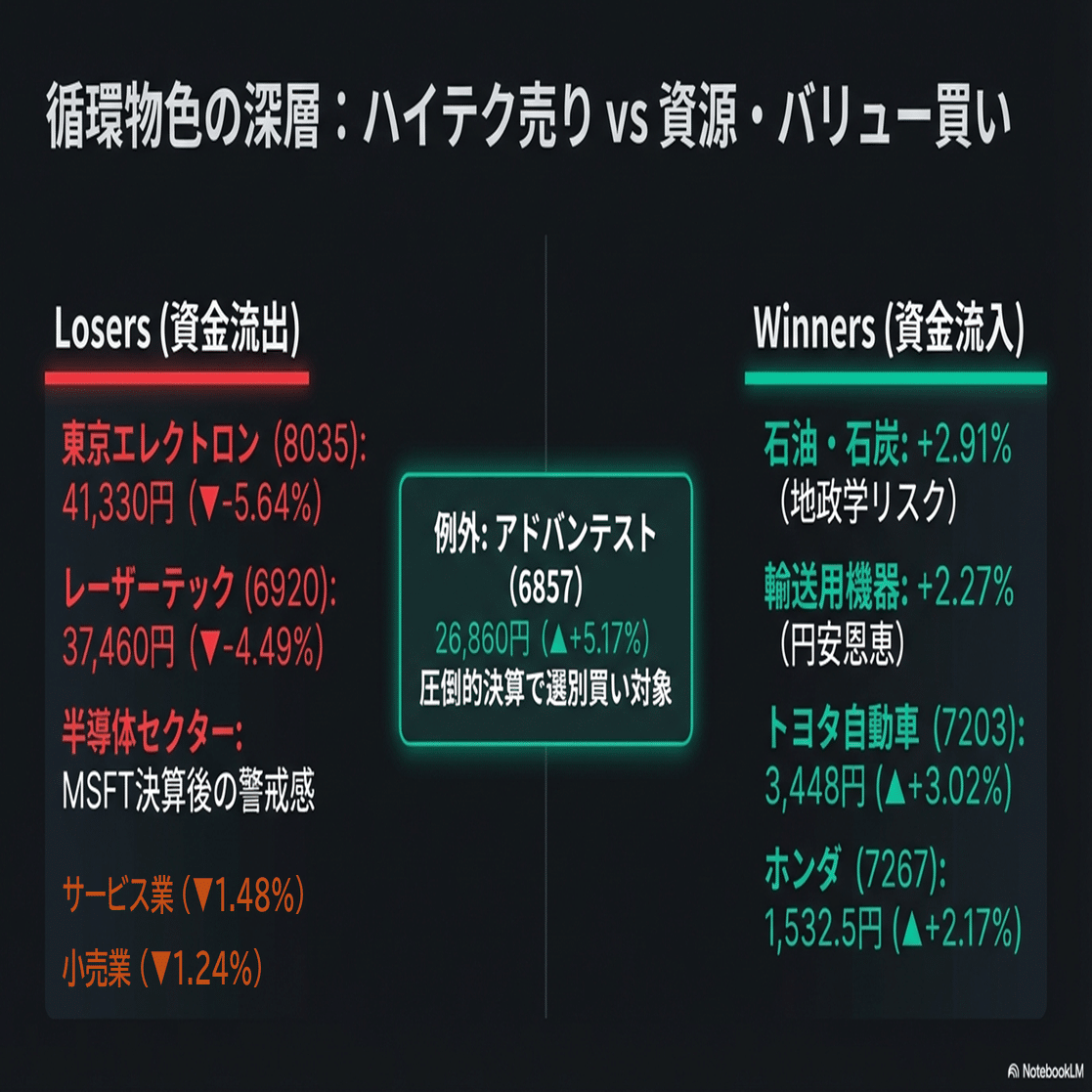 2026年1月29日】本日の株式市場：「アドバンテス好決算で奮闘も、半導体全体には売り仕掛け（SQ思惑かも、TOPIXは少し安心感が広がる）」｜Desk  Research Design