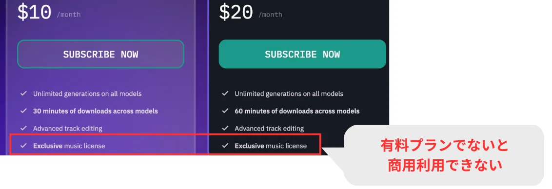 Beatoven.aiは有料プランの説明欄に商用利用可能の旨の記載がある