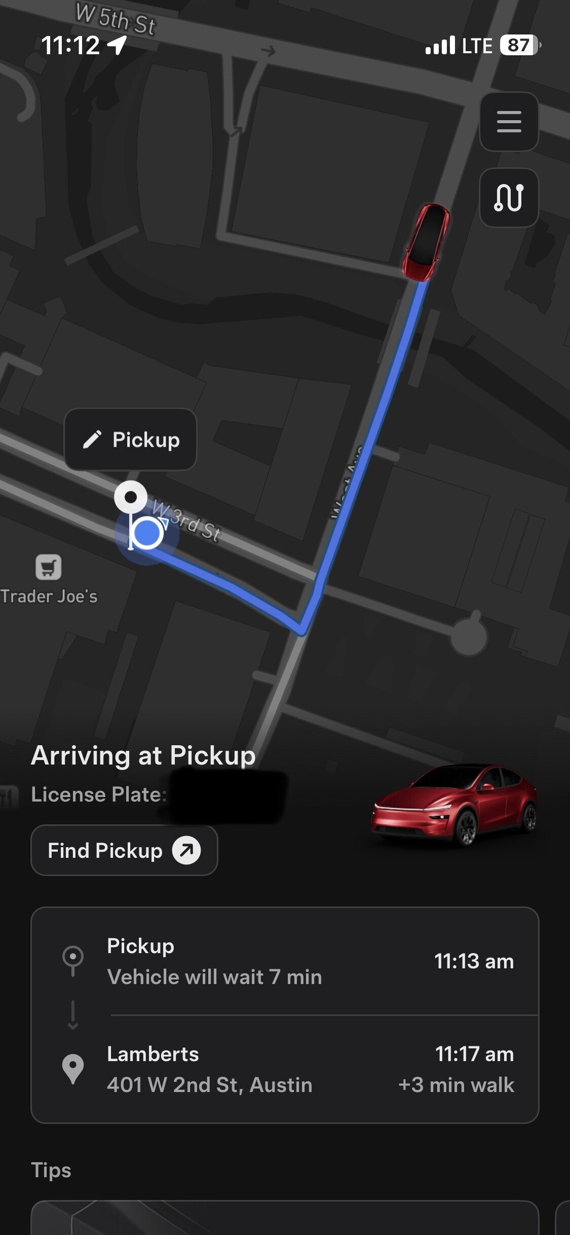 Tesla Robotaxi app's ride waiting screen. The vehicle that was dispatched was a Tesla Model Y.