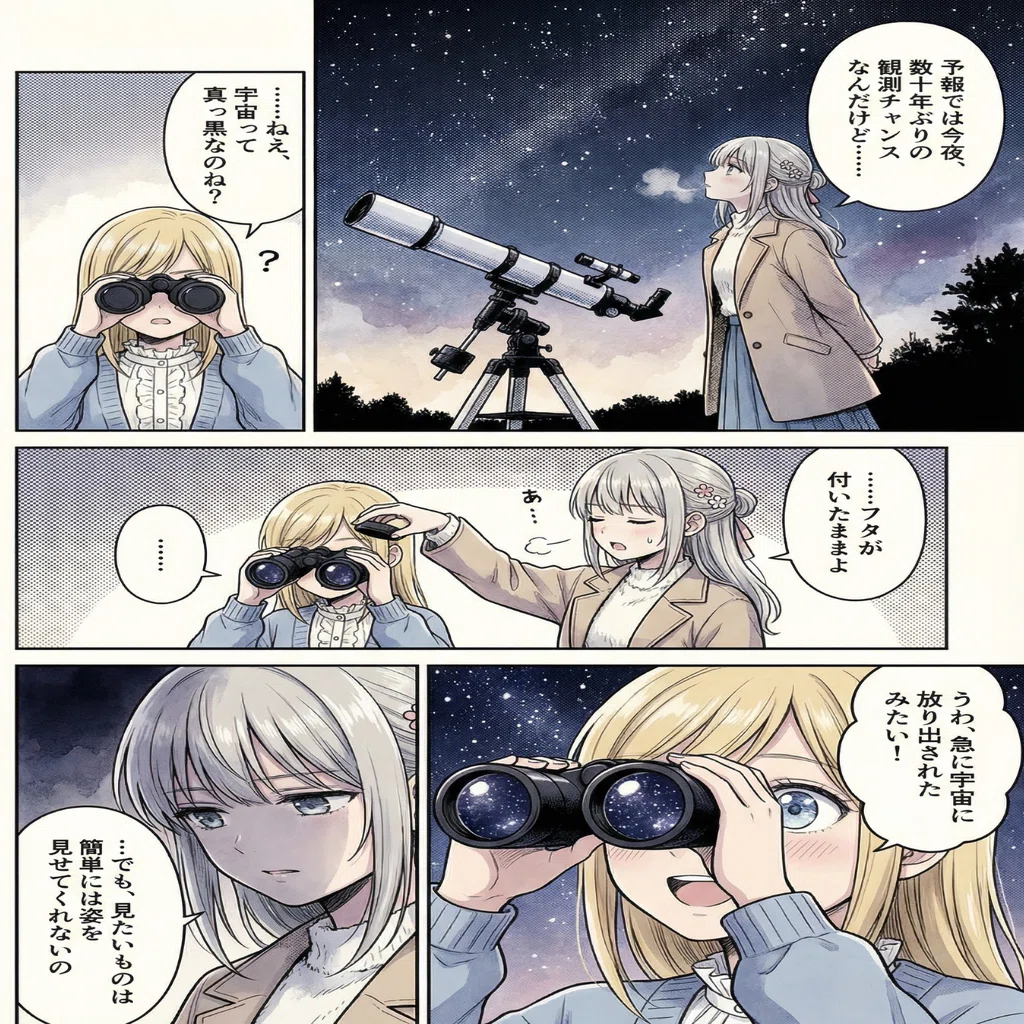 天体観測の夜に︰たとえ夜空に星座が見えなくとも【画像生成AI / 4コマ