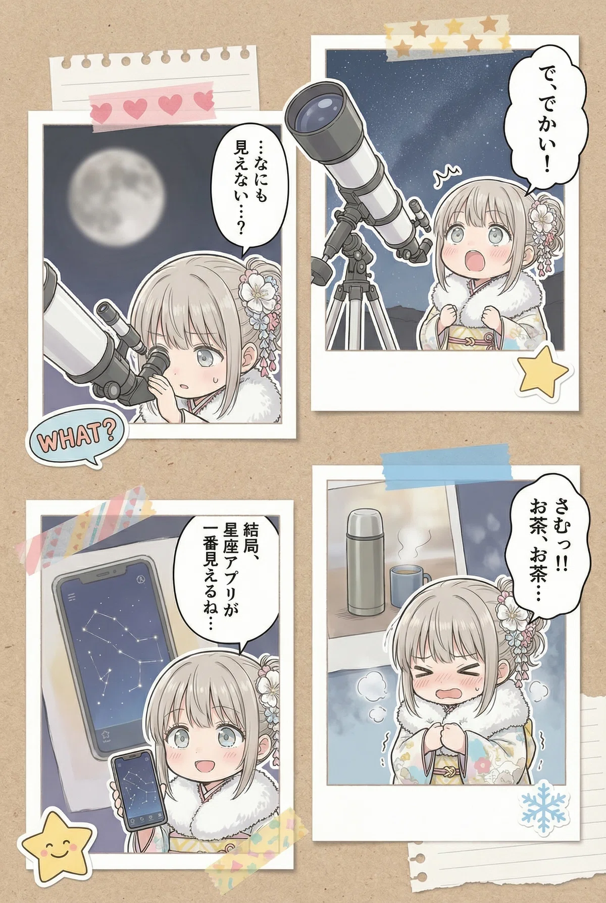 天体観測の夜に︰たとえ夜空に星座が見えなくとも【画像生成AI / 4コマ