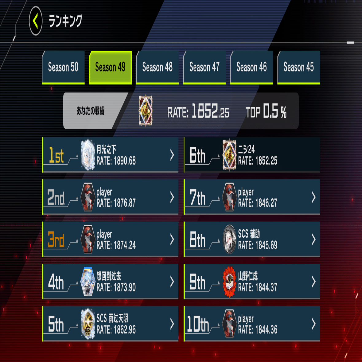 S49 最終レート1852 TOP10入り巳剣ライゼ｜ニシ24