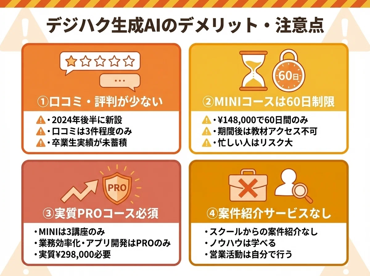 デジハク生成AIの4つのデメリットを警告アイコン付きで説明するインフォグラフィック:口コミ少ない、60日制限、高額PROコース必須、案件紹介なし